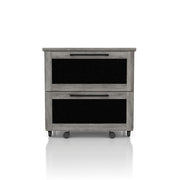 Front-facing rustic vintage gray oak finish file cabinet with casters and chalk panel drawers on a white background.