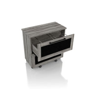 Right-facing rustic rolling file cabinet with chalk panel drawers and plank vintage gray oak finish.