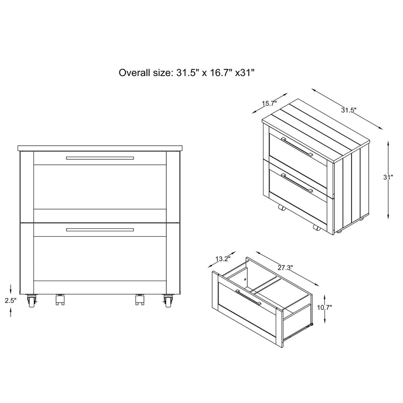 Line drawing of rustic rolling file cabinet on white background with dimensions