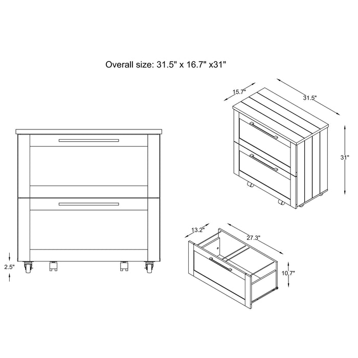 Line drawing of rustic rolling file cabinet on white background with dimensions