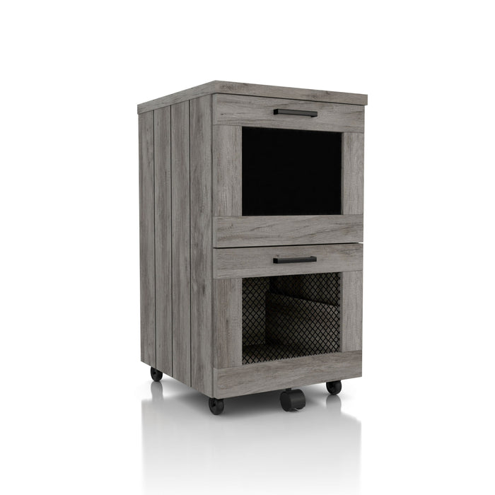 Right angled distressed gray mobile file cabinet on white background