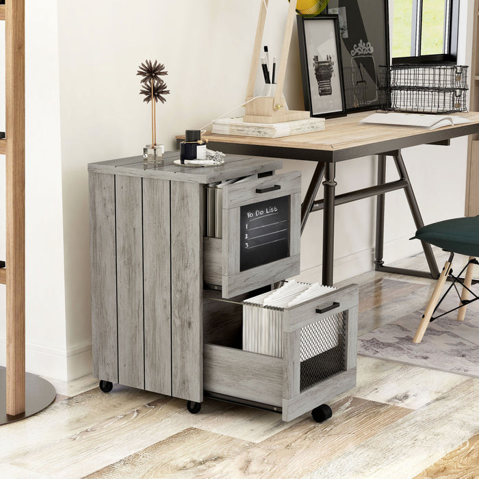 Right angled opened drawer distressed gray mobile file cabinet in home office with accessories