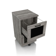 Right angled opened drawer distressed gray mobile file cabinet on white background