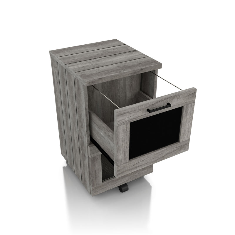 Right angled opened drawer distressed gray mobile file cabinet on white background