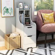 Right angled contemporary white two-drawer tall nightstand in a sitting area with accessories