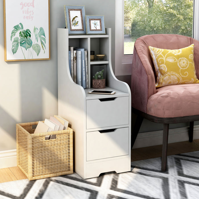 Right angled contemporary white two-drawer tall nightstand in a sitting area with accessories