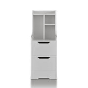 Front-facing contemporary white two-drawer tall nightstand on a white background