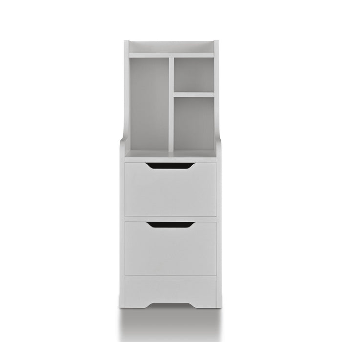 Front-facing contemporary white two-drawer tall nightstand on a white background