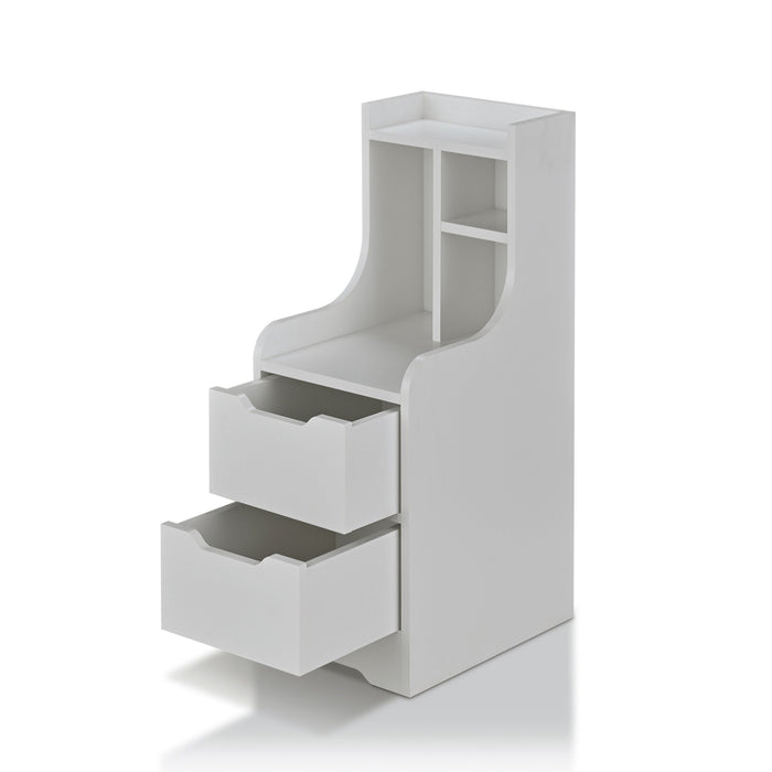 Left angled contemporary white two-drawer tall nightstand with doors open on a white background