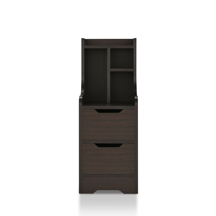 Front-facing contemporary walnut two-drawer tall nightstand on a white background