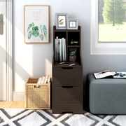 Front-facing contemporary walnut two-drawer tall nightstand in a sitting area with accessories