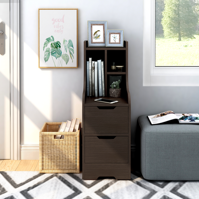 Front-facing contemporary walnut two-drawer tall nightstand in a sitting area with accessories
