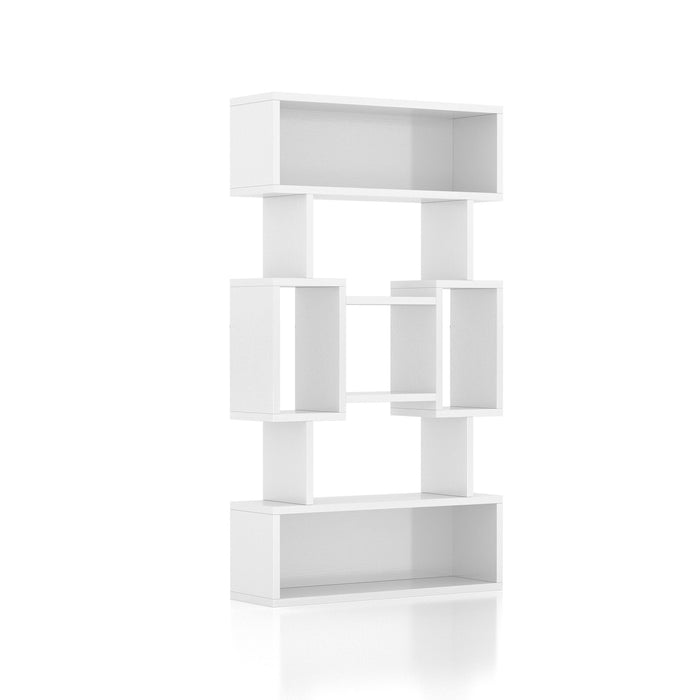 Right-facing contemporary white bookcase with open center and adjustable shelves on white background.