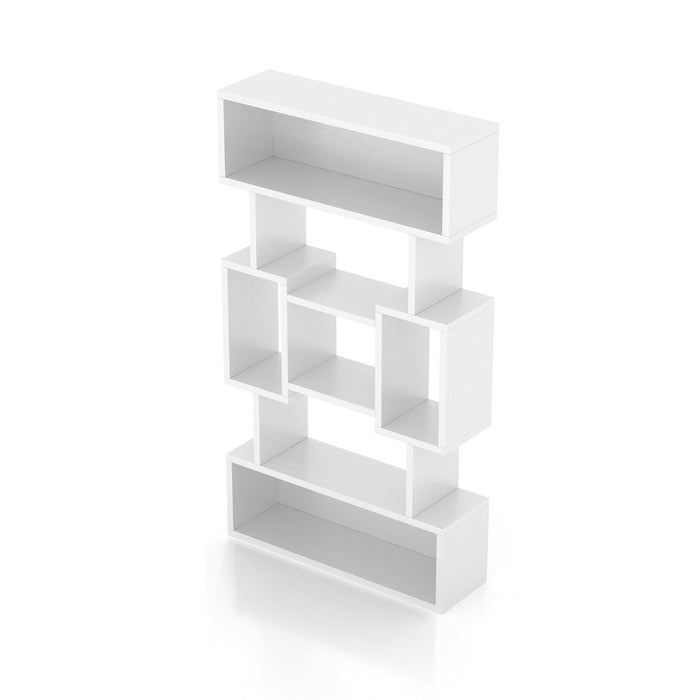 Left-facing contemporary white bookcase with open center and adjustable shelves on a white background.