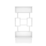 Front-facing contemporary white bookcase with open center and adjustable shelves on a white background.