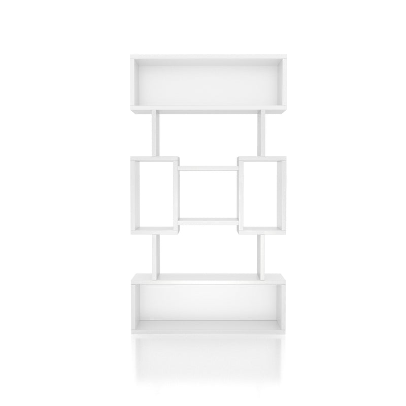 Front-facing contemporary white bookcase with open center and adjustable shelves on a white background.