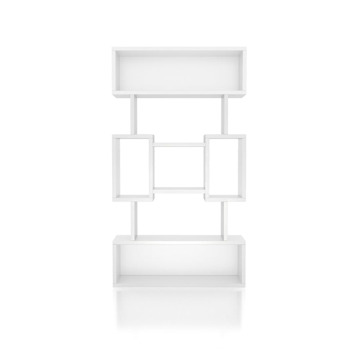 Front-facing contemporary white bookcase with open center and adjustable shelves on a white background.