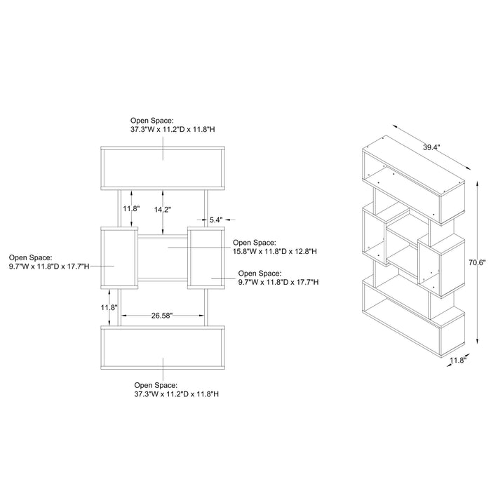 Line drawing of contemporary bookcase on white background with dimensions