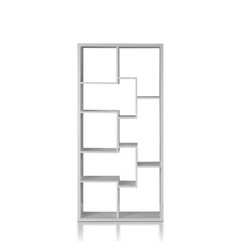 Front-facing modern white geometric bookcase with staggered shelves on a white background