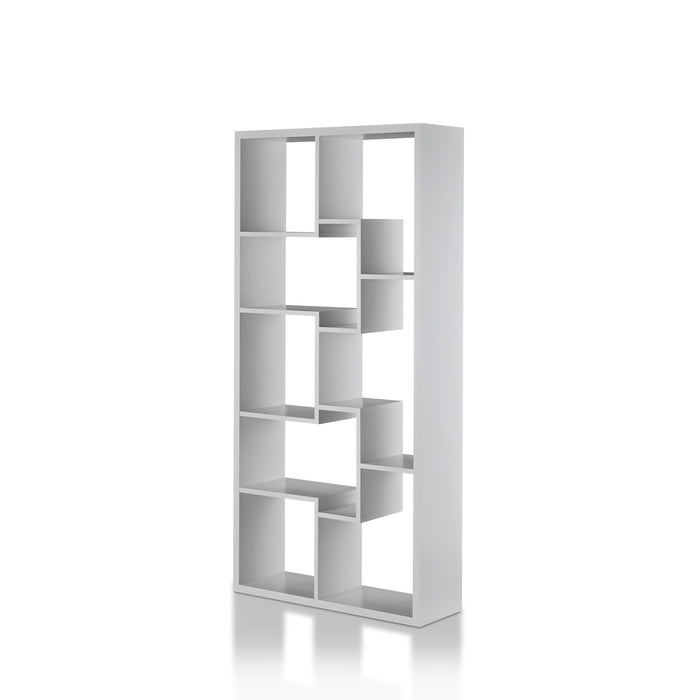 Left angled modern white geometric bookcase with staggered shelves on a white background