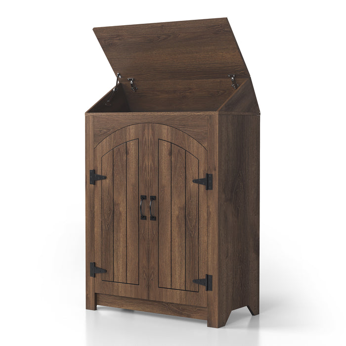 Left-facing transitional distressed walnut shoe cabinet with opened lift top revealing extra storage over a white background. Arched plank style doors with rustic black pulls and hinges.
