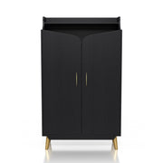 Front-facing modern black shoe cabinet with open upper shelf on white background. Slim gold finish pulls and flared legs.