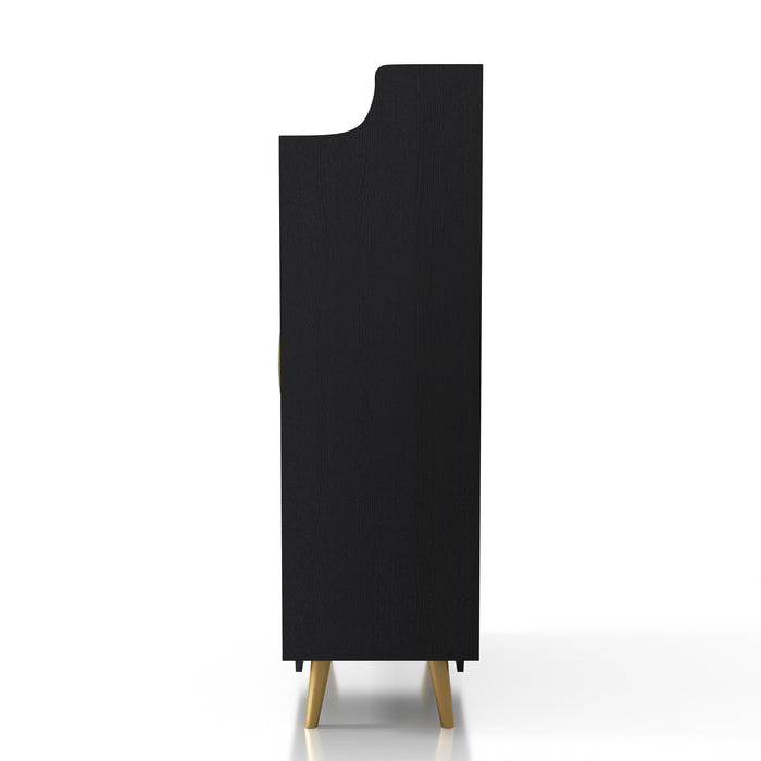 Side-facing modern black shoe cabinet with open upper shelf on white background. Slim gold finish pulls and flared legs.