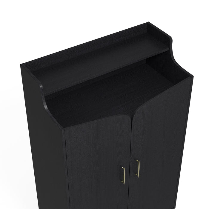 Right-facing top-down modern black shoe cabinet with upper shelf on white background. Slim gold finish pulls and curved top double doors.
