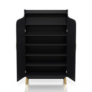 Front-facing modern black shoe cabinet opened to reveal five shelves on white background. Slim gold finish pulls and flared legs.