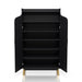 Front-facing modern black shoe cabinet opened to reveal five shelves on white background. Slim gold finish pulls and flared legs.