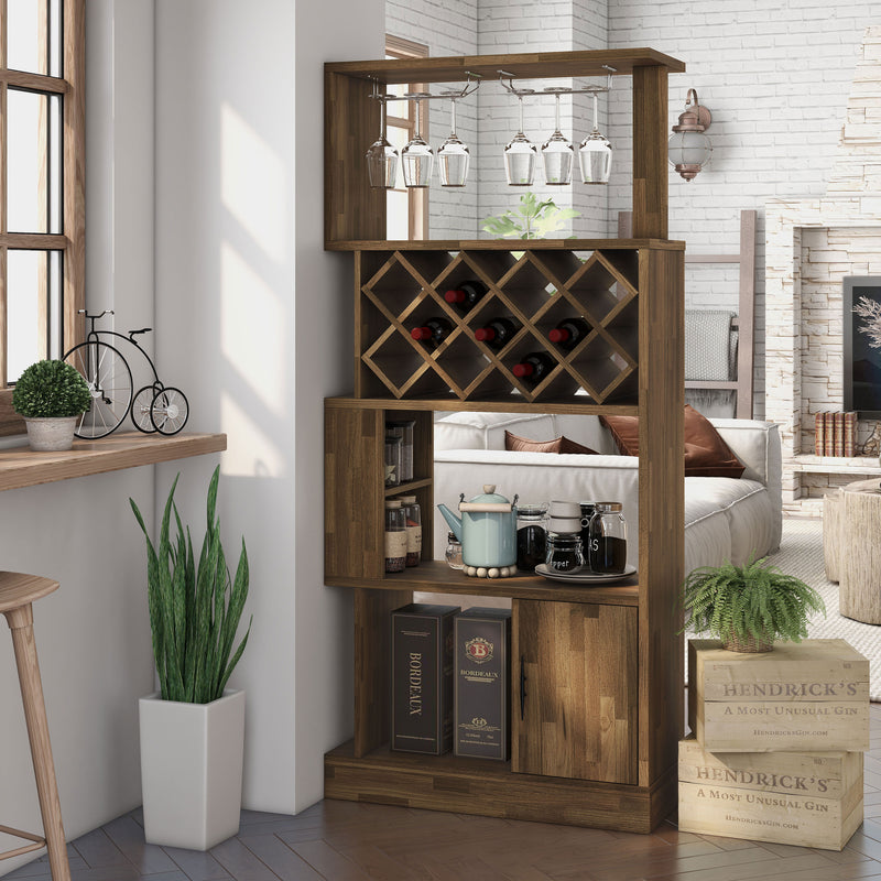 Left angled light hickory one-door 11-bottle wine rack with stemware storage in a living area with accessories
