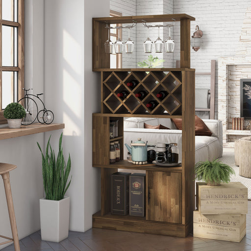 Left angled light hickory one-door 11-bottle wine rack with stemware storage in a living area with accessories