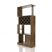 Left angled light hickory one-door 11-bottle wine rack with stemware storage on a white background