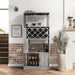Front-facing vintage gray oak one-door 11-bottle wine rack with stemware storage in a living area with accessories