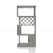 Front-facing vintage gray oak one-door 11-bottle wine rack with stemware storage on a white background