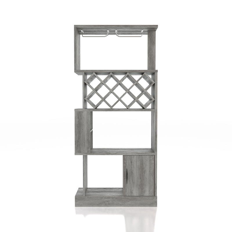 Front-facing vintage gray oak one-door 11-bottle wine rack with stemware storage on a white background