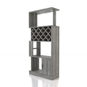 Left angled vintage gray oak one-door 11-bottle wine rack with stemware storage on a white background