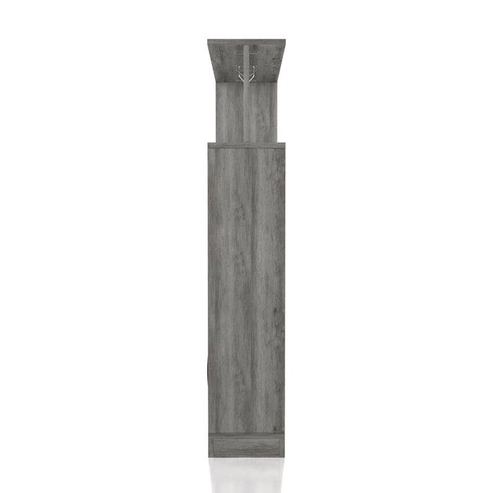 Front-facing side view vintage gray oak one-door 11-bottle wine rack with stemware storage on a white background