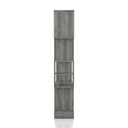 Front-facing side view vintage gray oak one-door 11-bottle wine rack with stemware storage on a white background