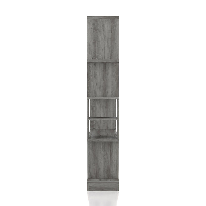 Front-facing side view vintage gray oak one-door 11-bottle wine rack with stemware storage on a white background