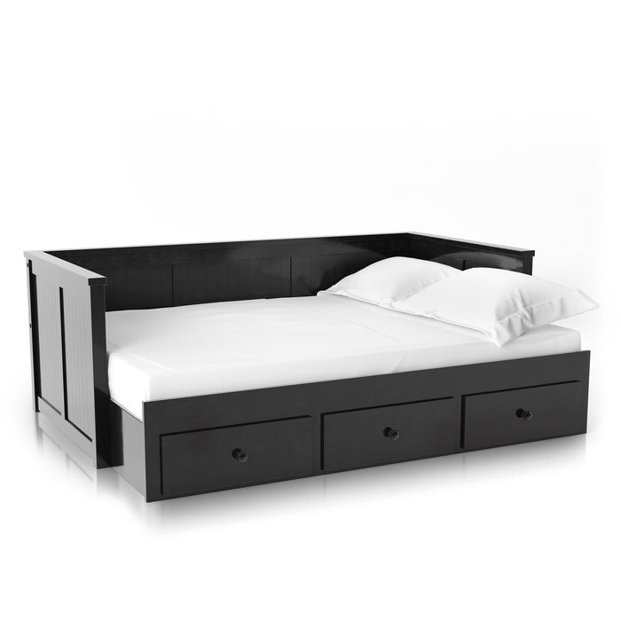 Right angled cottage style black daybed with three drawers on a white background