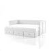Left angled cottage style white daybed with three drawers on a white background