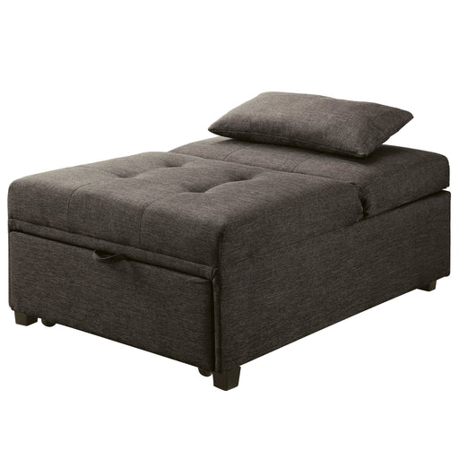 Right angled transitional dark gray fabric convertible ottoman on a white background