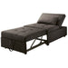 Right angled transitional dark gray fabric convertible ottoman opened to a futon bed on a white background