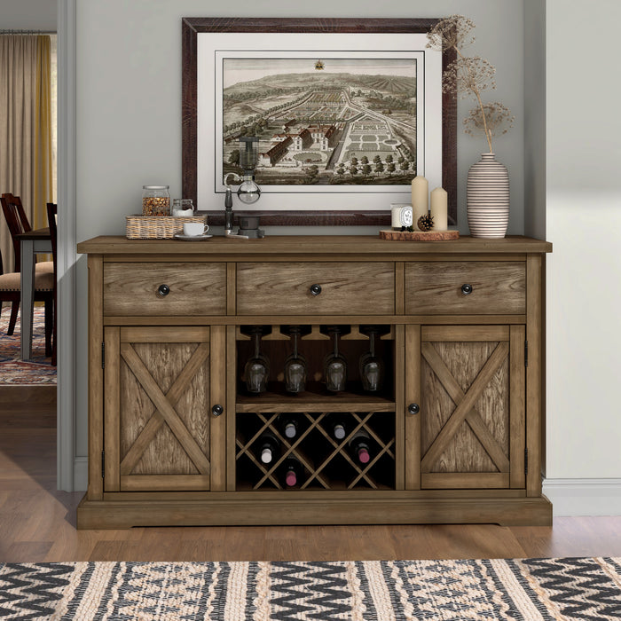 Front-facing light oak wine bar cabinet in a living room with accessories