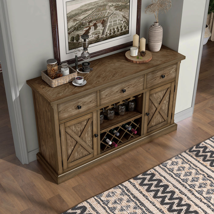 Right angled top view light oak wine bar cabinet in a living room with accessories