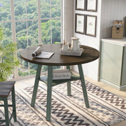 Right-angled rustic wood drop-leaf dining table with a wood finish top and colored base in a casual breakfast nook with accessories