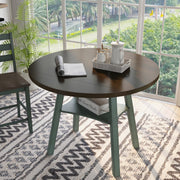 Top view rustic wood drop-leaf dining table with a wood finish top and colored base in a casual breakfast nook with accessories