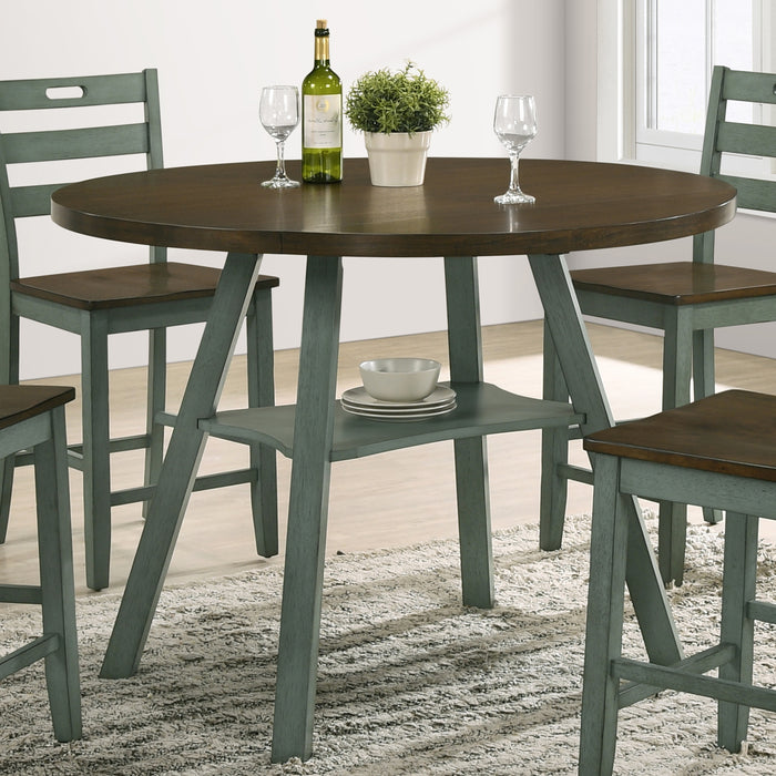 Right-angled rustic wood drop-leaf dining table with a wood finish top and colored base with four chairs and wine accessories