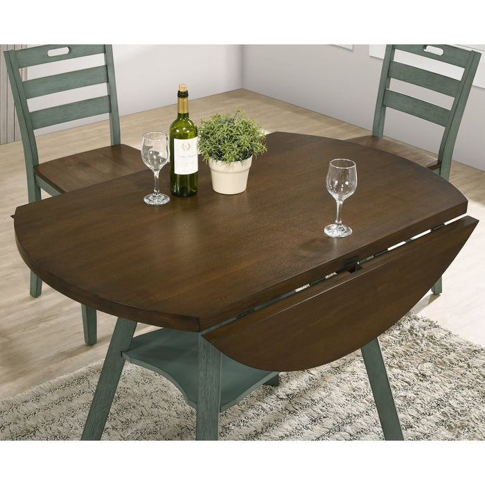 Top view rustic wood drop-leaf dining table with a wood finish top and colored base with two chairs and leaves dropped down